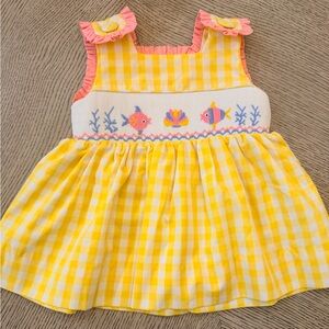 Yellow Gingham Dress with Fish Embroidery